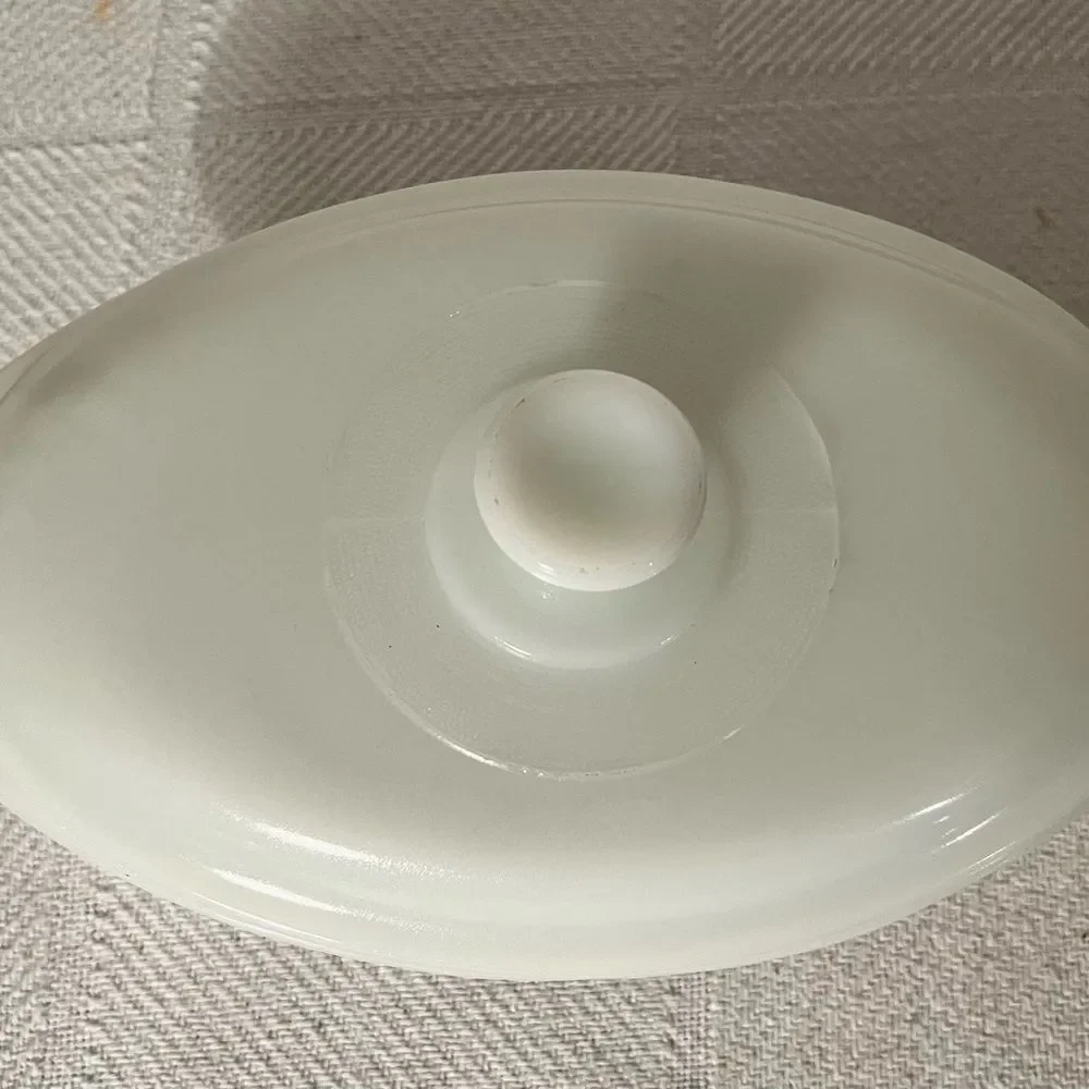 Vintage Glasbake Casserole Dish J235 1 QT Green Daisy Milk Glass Lid.